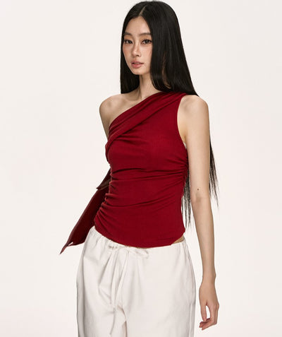 Irregular Oblique Shoulder Ribbon Red Top ANA0013