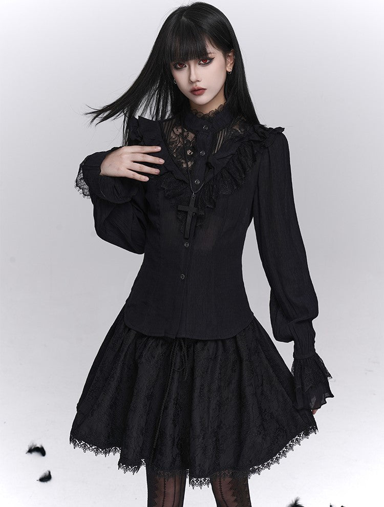 Black Long-Sleeved Lace Shirt LAD0244