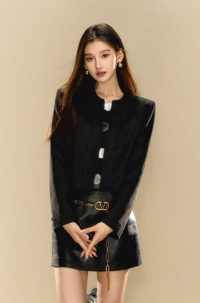 Suede Black Special-shaped Button Short Jacket OSH0073