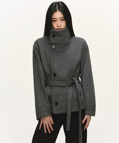 High-End Stand Collar Tie-Wrap Short Coat ANA0095