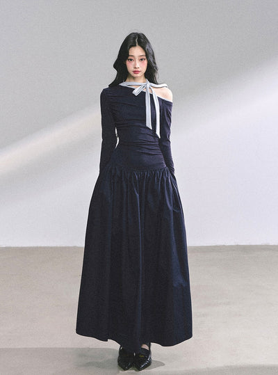Off-shoulder Waist Slim Bow Dress DIA0574