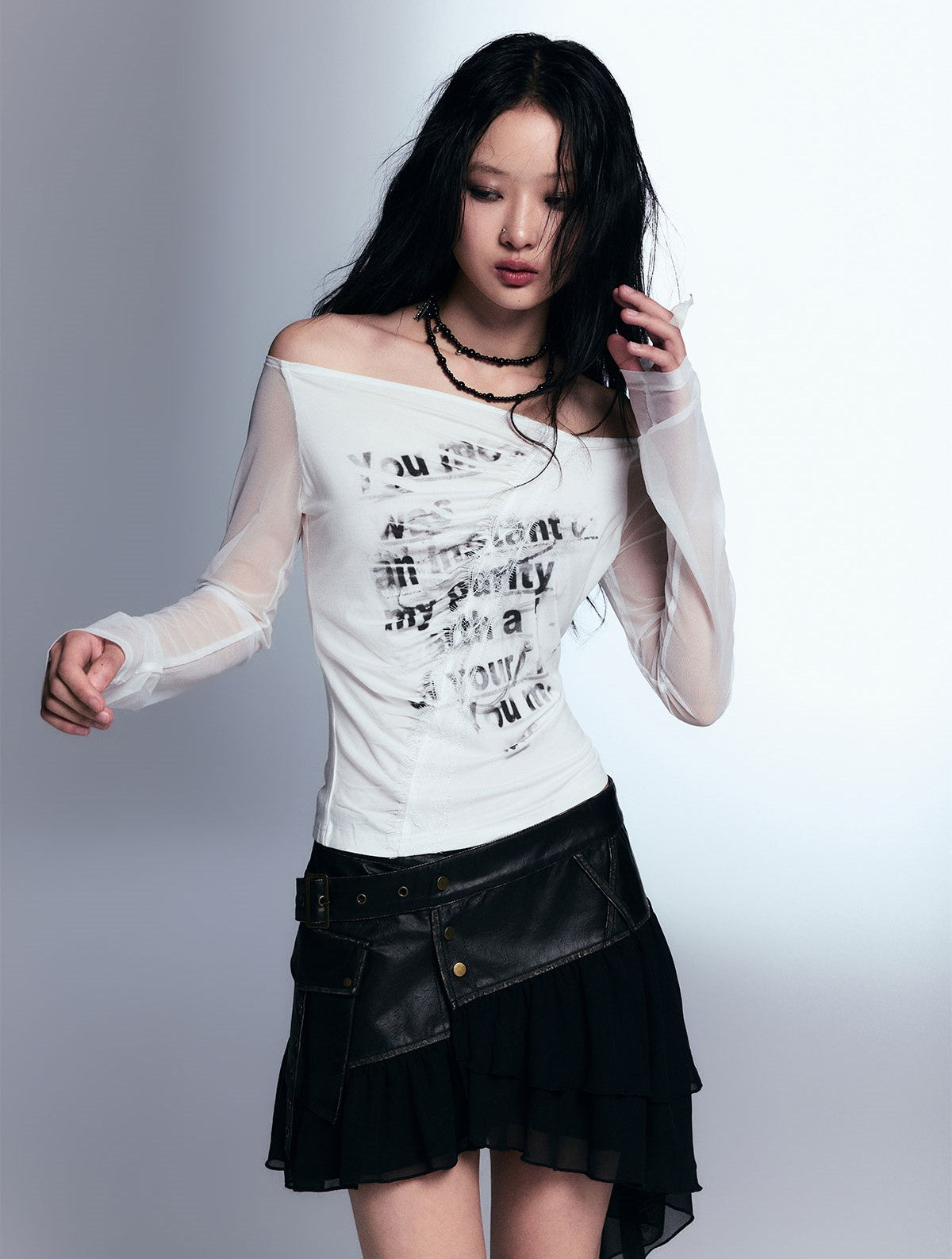 Retro Leather Irregular Splicing Mesh Slim A-line Short Skirt CES0057