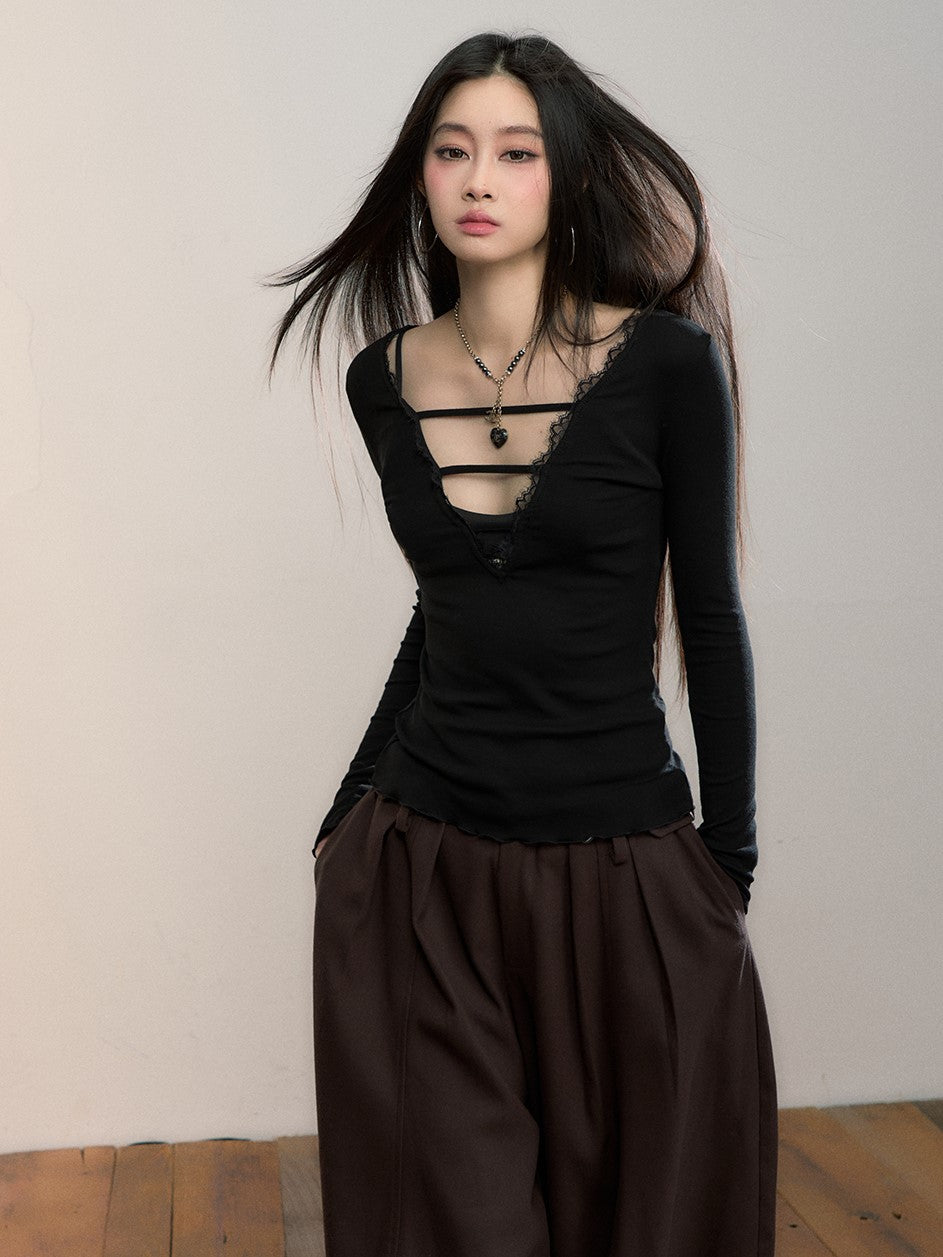 Reversible Lace-Trimmed Long-Sleeve T-Shirt VIA0360