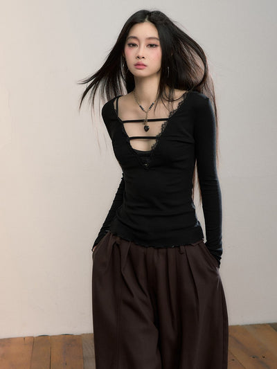 Reversible Lace-Trimmed Long-Sleeve T-Shirt VIA0360