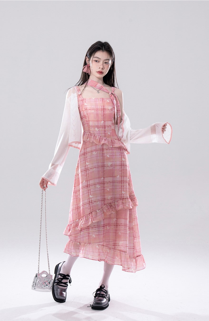 Check Butterfly Print Dress COT0260