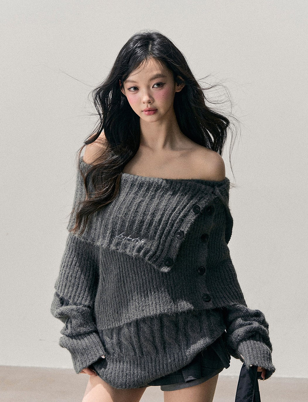 Gray Off-Shoulder Loose Sweater DIA0723