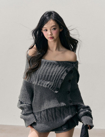 Gray Off-Shoulder Loose Sweater DIA0723
