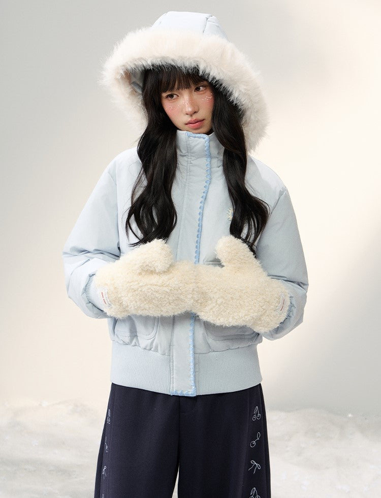 Shell Embroidered Fur Collar Hooded Down Jacket NTO0250