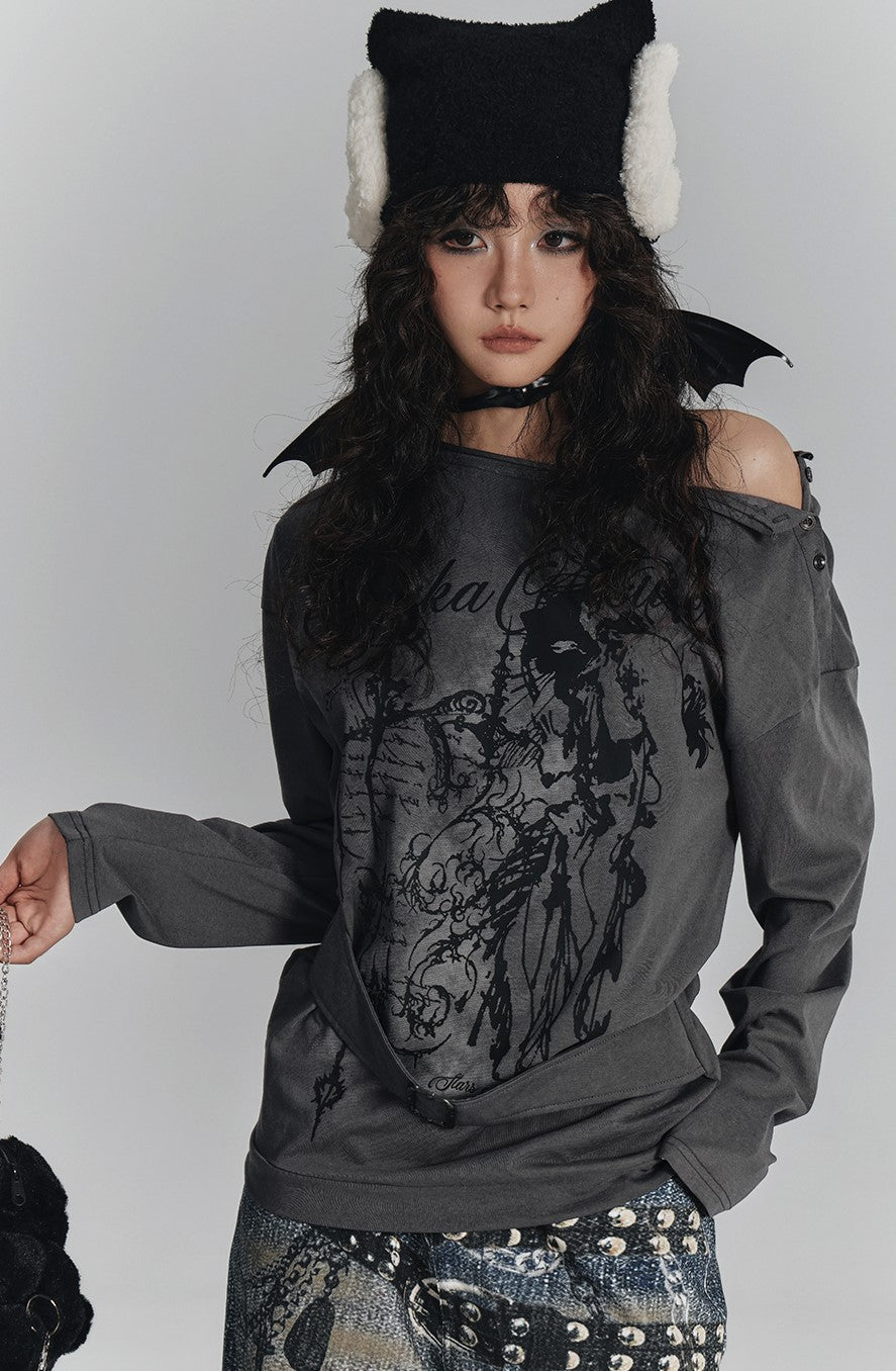 Print One Shoulder Loose T-shirt KIN0134
