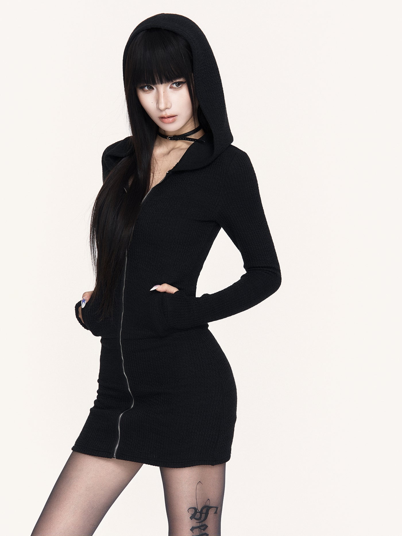 Black Cross Hooded Sweatshirt Dress VOC0478