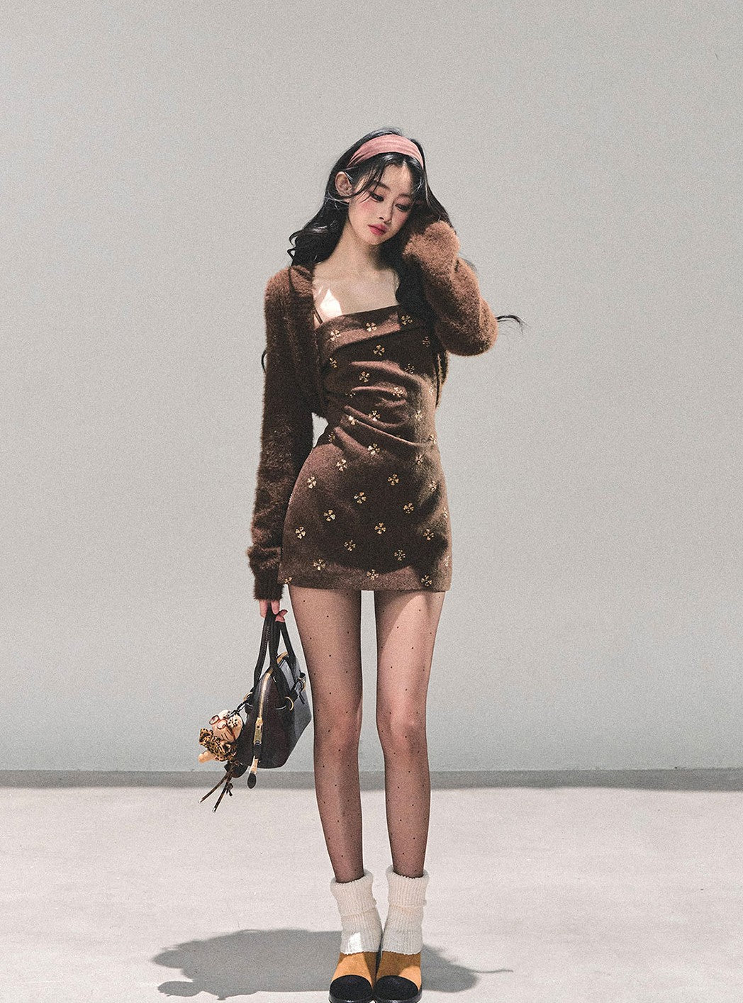 Brown French-style Camisole Dress/Short Cardigan DIA0660