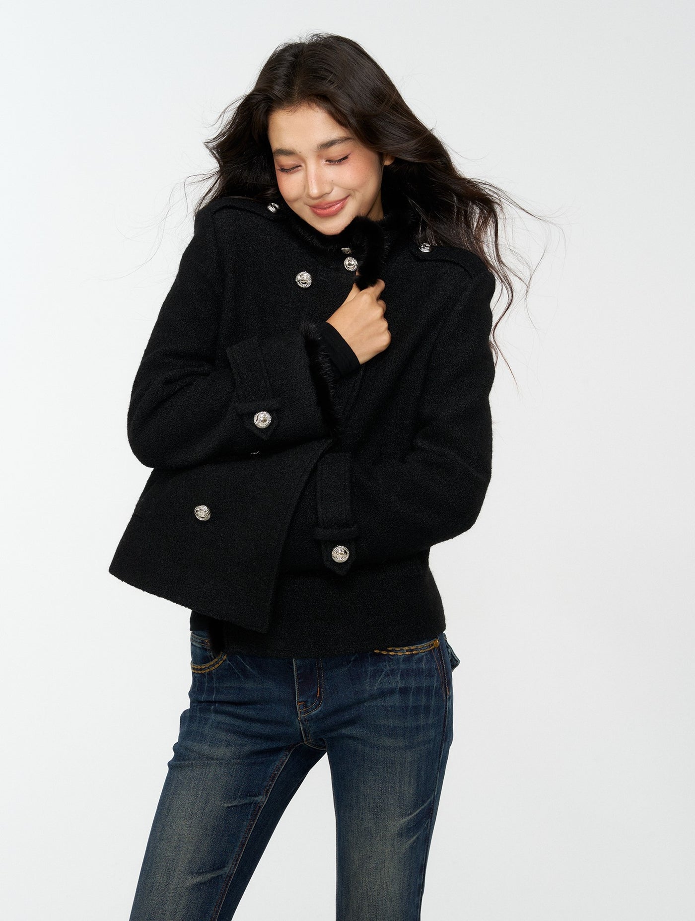 Black Furry High-Neck Short Jacket/Scarf 4MU0165