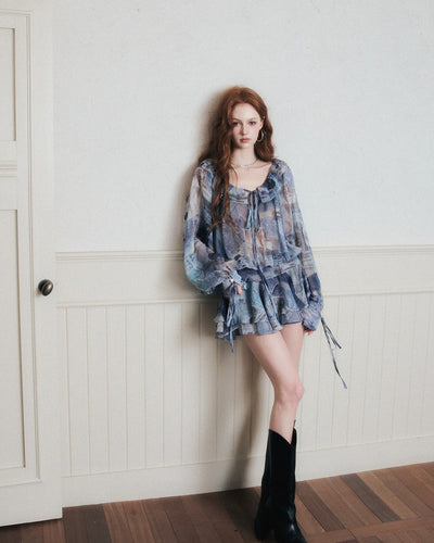Ruffle Denim Full Print Chiffon Shirt Dress LUL0175