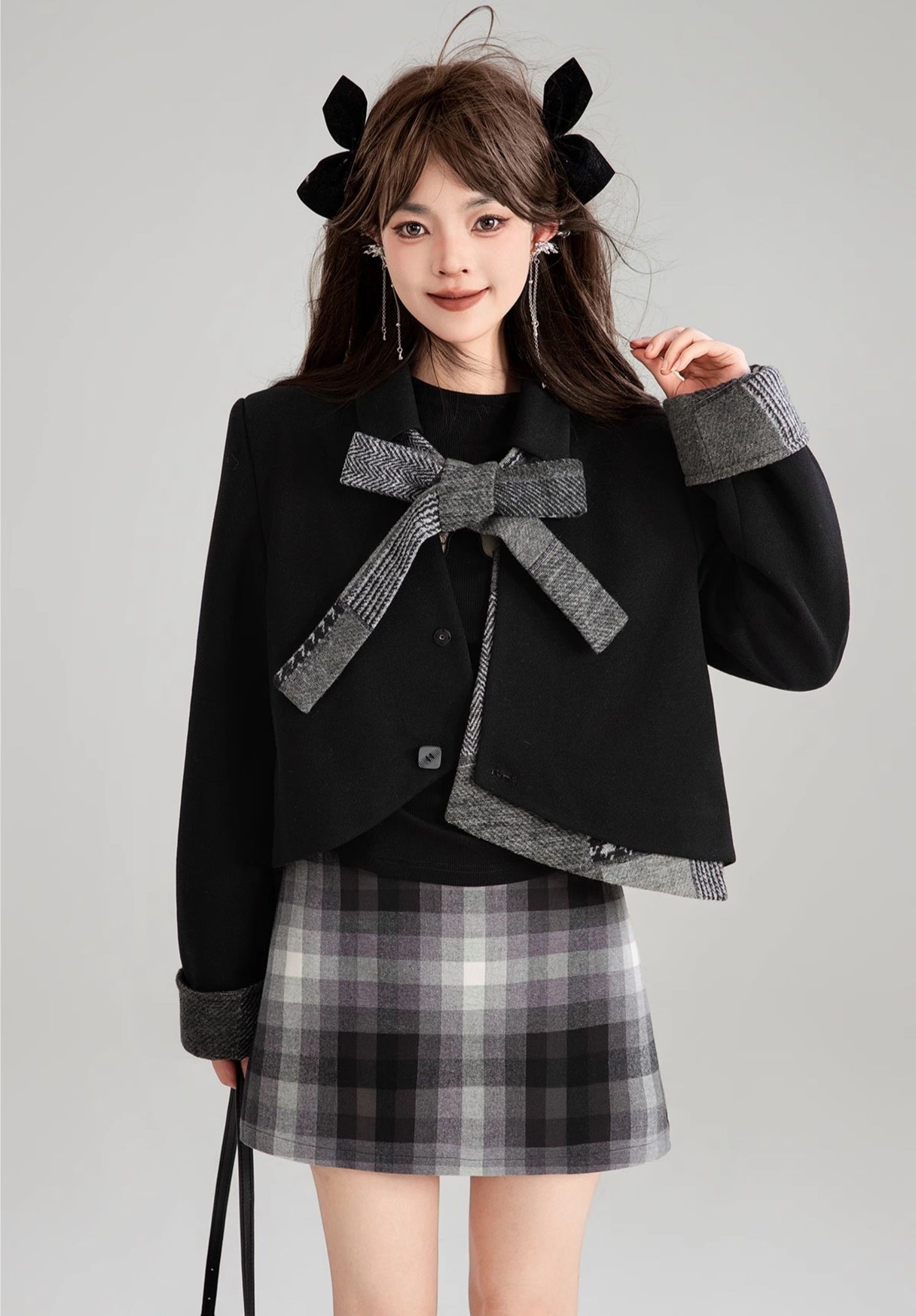 Bow Tie Short Jacket/Black Slit Long Skirt/Plaid Short Skirt KEI0184