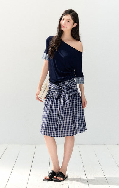 Oblique Shoulder Plaid T-shirt SHI0142