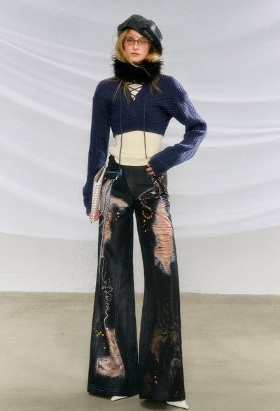 Ripped Full Print Pendant Beaded Bootcut Denim Pants OFA0207