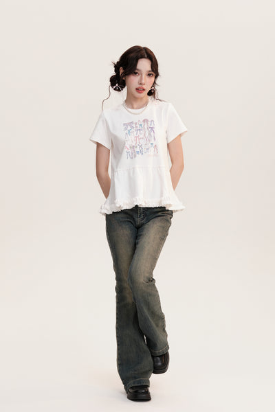 Wave Sunset Bow Lace Short Sleeves T-shirt AOO0009