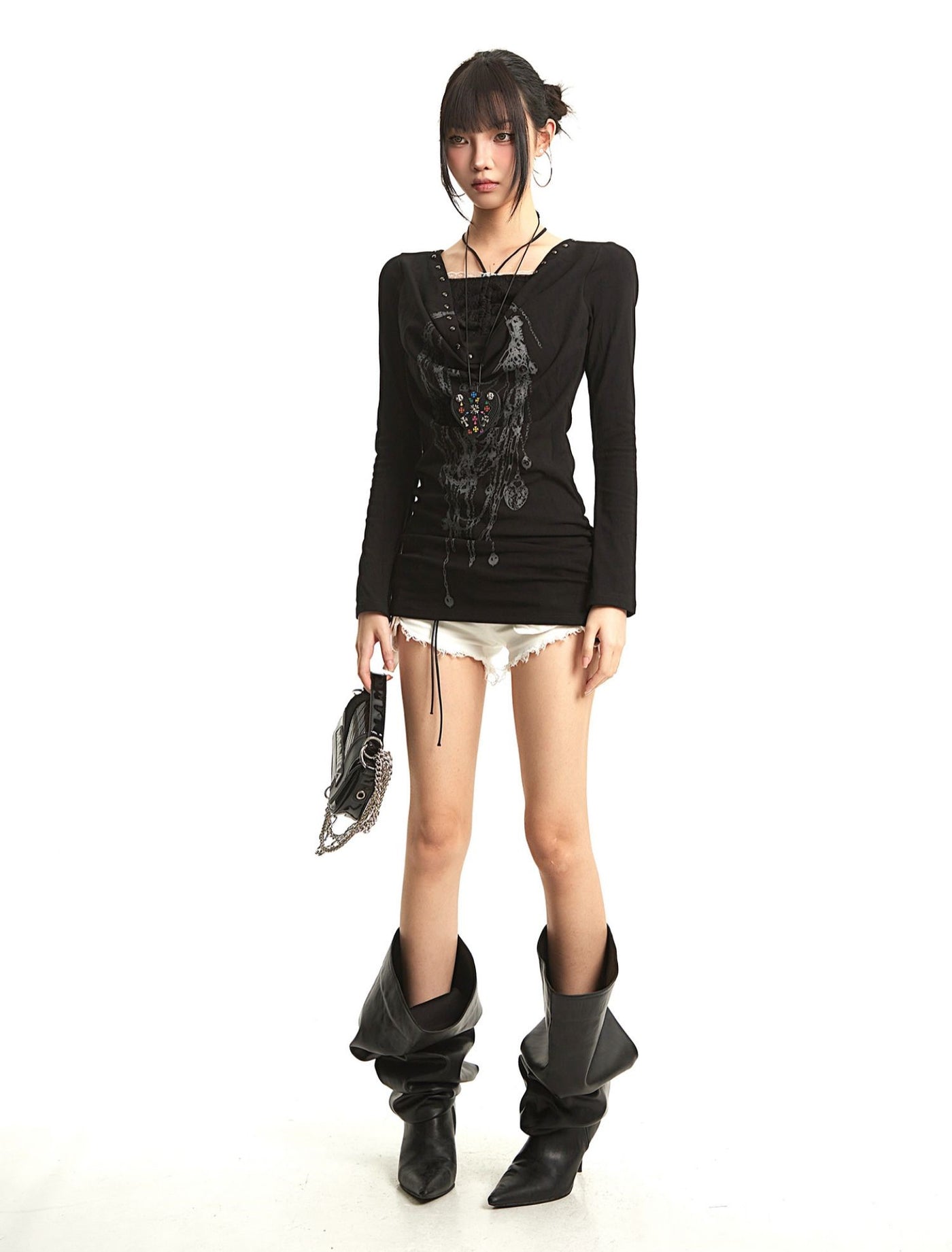 Fake Two-piece Lace Stitching Print T-shirt UNC0287