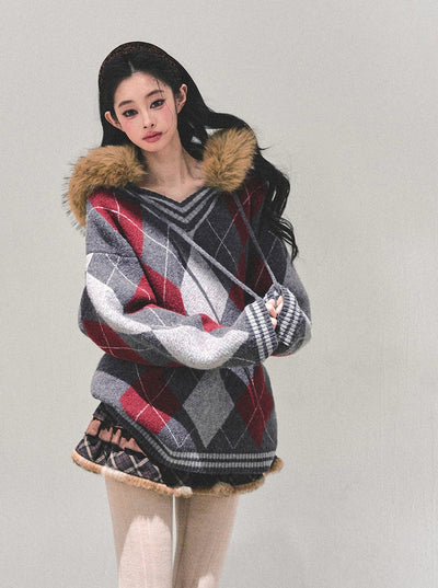 American Preppy Style Fur-Collar Argyle Sweater DIA0696