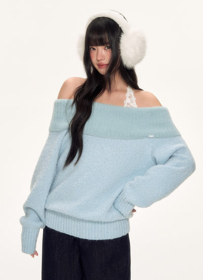 Blue Off-Shoulder Lace Halter Sweater WEE0090