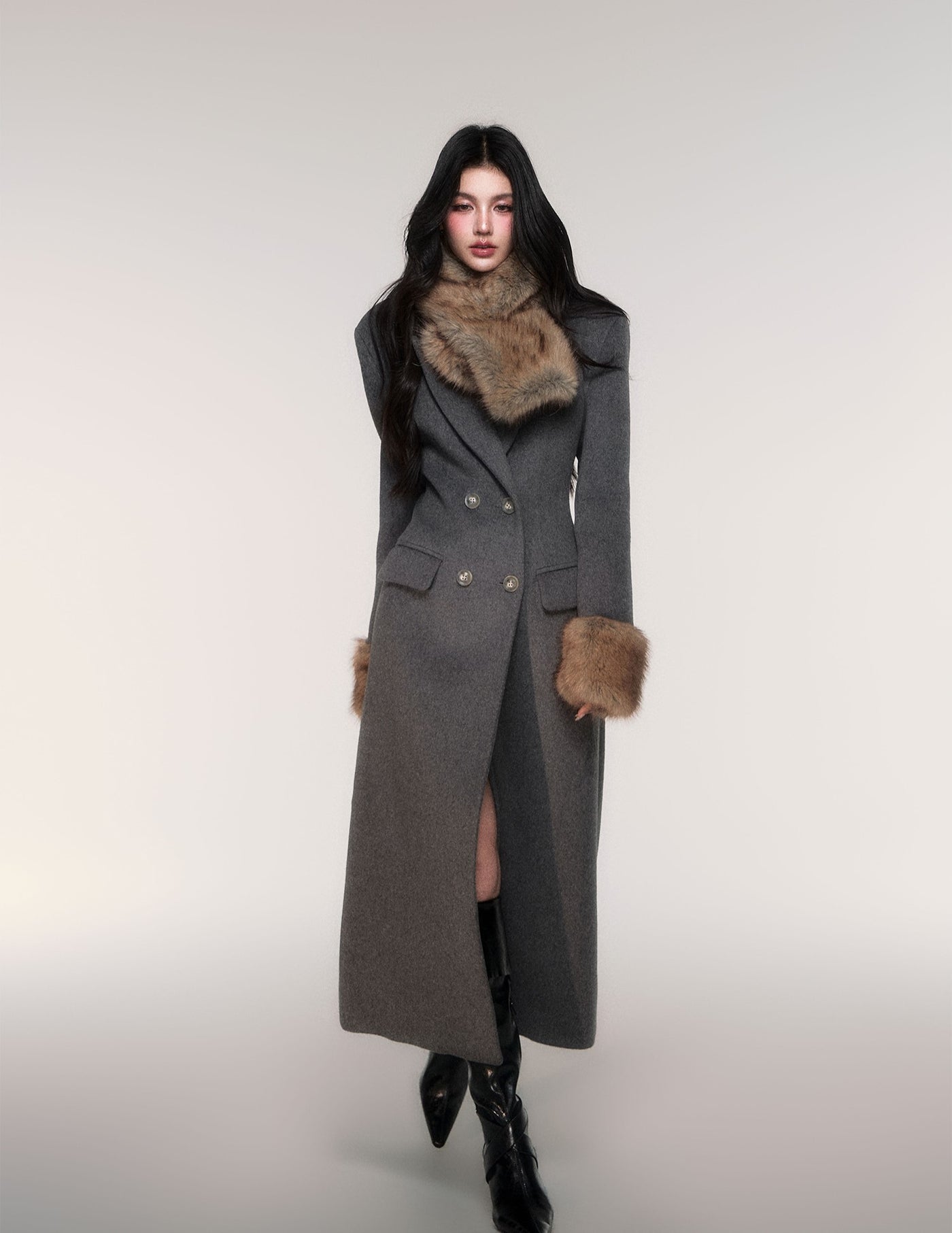 Grey Detachable Scarf Long Coat LUL0207