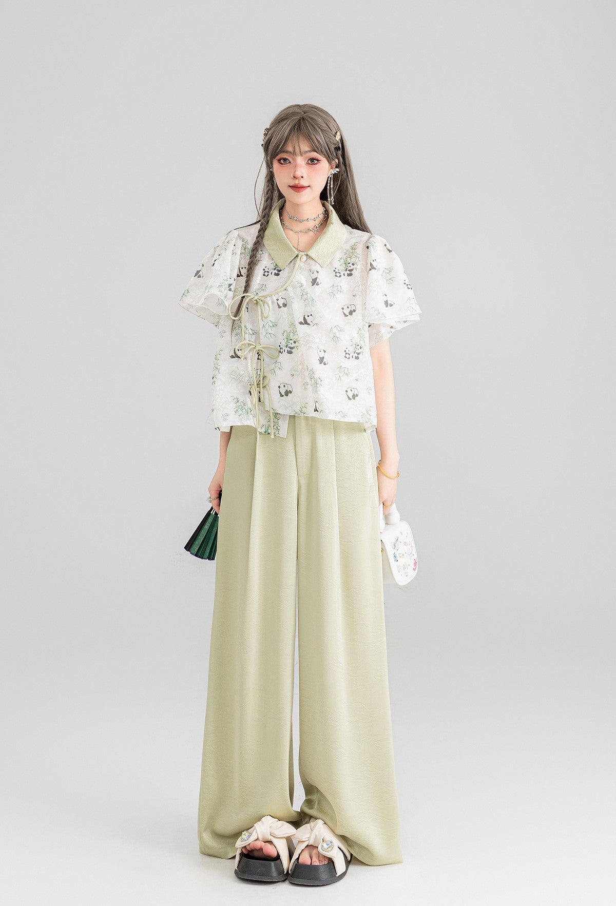 Panda Pattern White Chiffon Shirt/Light Green Pants KEI0049