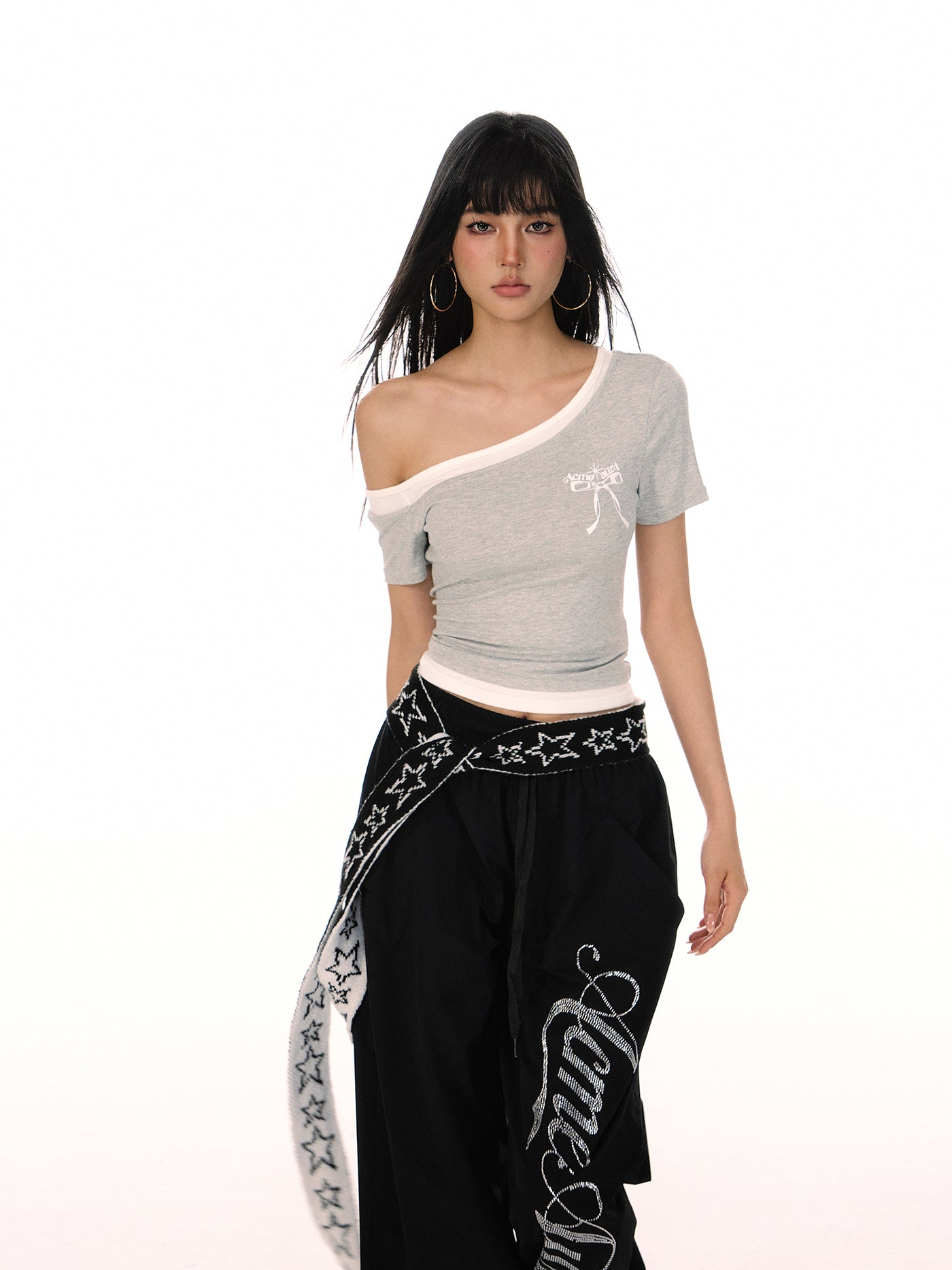 Bow Print Fake Two-piece One Shoulder T-shirt ACM0086