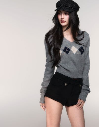 Diamond Pattern V-Neck Sweater LUL0200