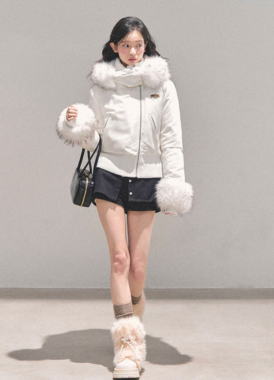 White Fur Hooded Down Jacket DIA0714