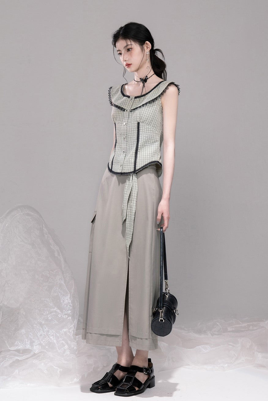 Blue Grey Slit Long Skirt COT0327