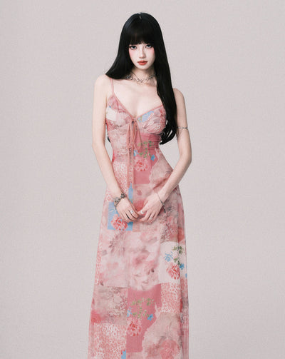 Flower V-neck Printed Suspender Dress LUL0147