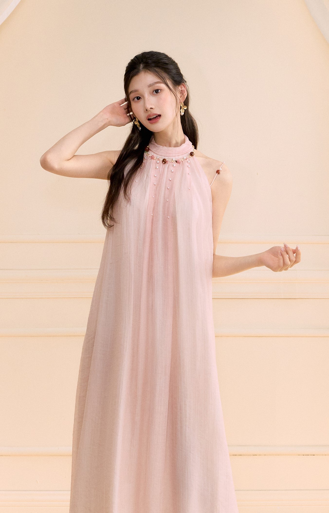 Halter Neck Beaded A-line Long Dress OSH0171