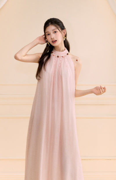 Halter Neck Beaded A-line Long Dress OSH0171
