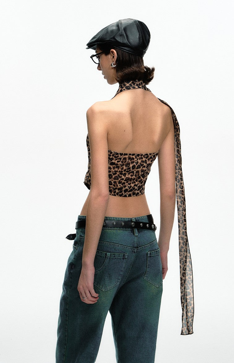 Leopard Print Metal Label Versatile Irregular Halter Neck Vest DPR0054