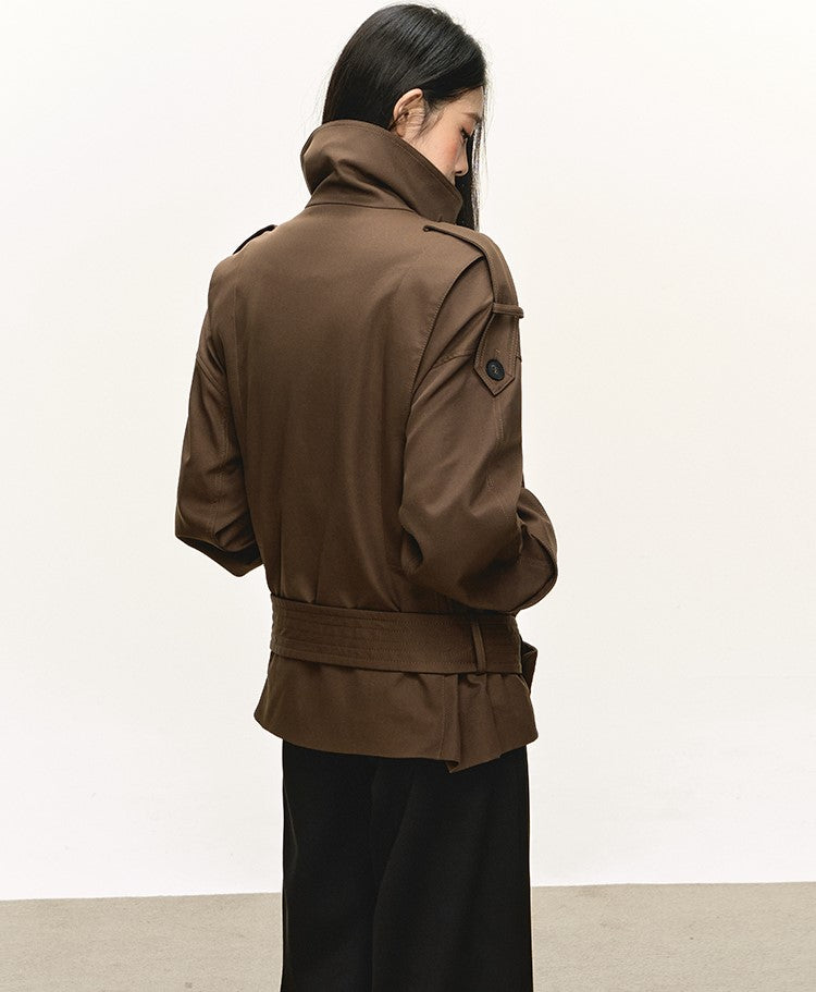 Dark Brown Stand Collar Short Trench Coat ANA0112