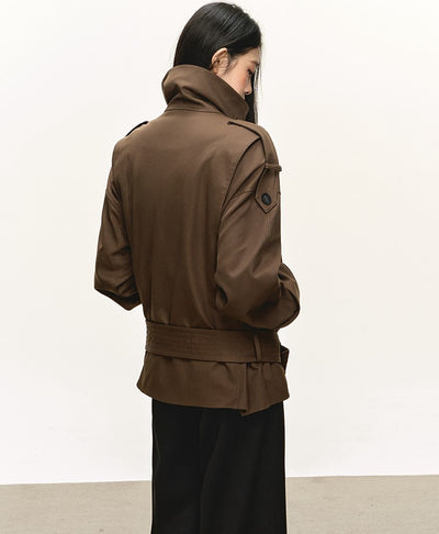 Dark Brown Stand Collar Short Trench Coat ANA0112