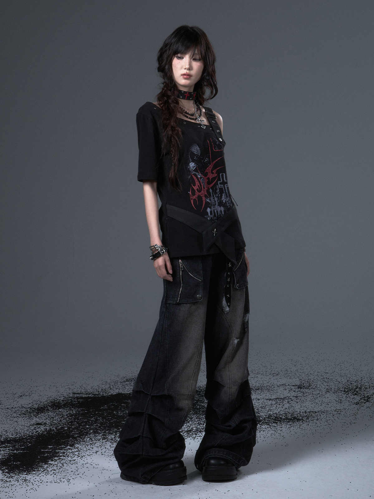 Punk Print Drop Shoulder Strap T-shirt FRU0102