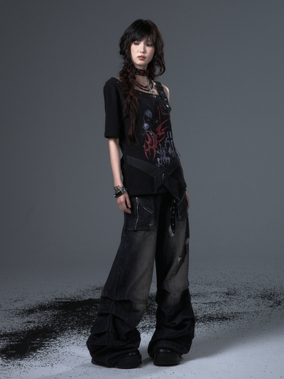 Punk Print Drop Shoulder Strap T-shirt FRU0102