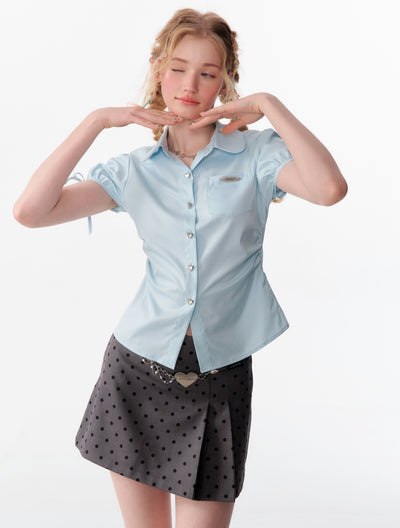 American Retro Design Puff Sleeve Bow Short-sleeved Shirt ZIZ0092