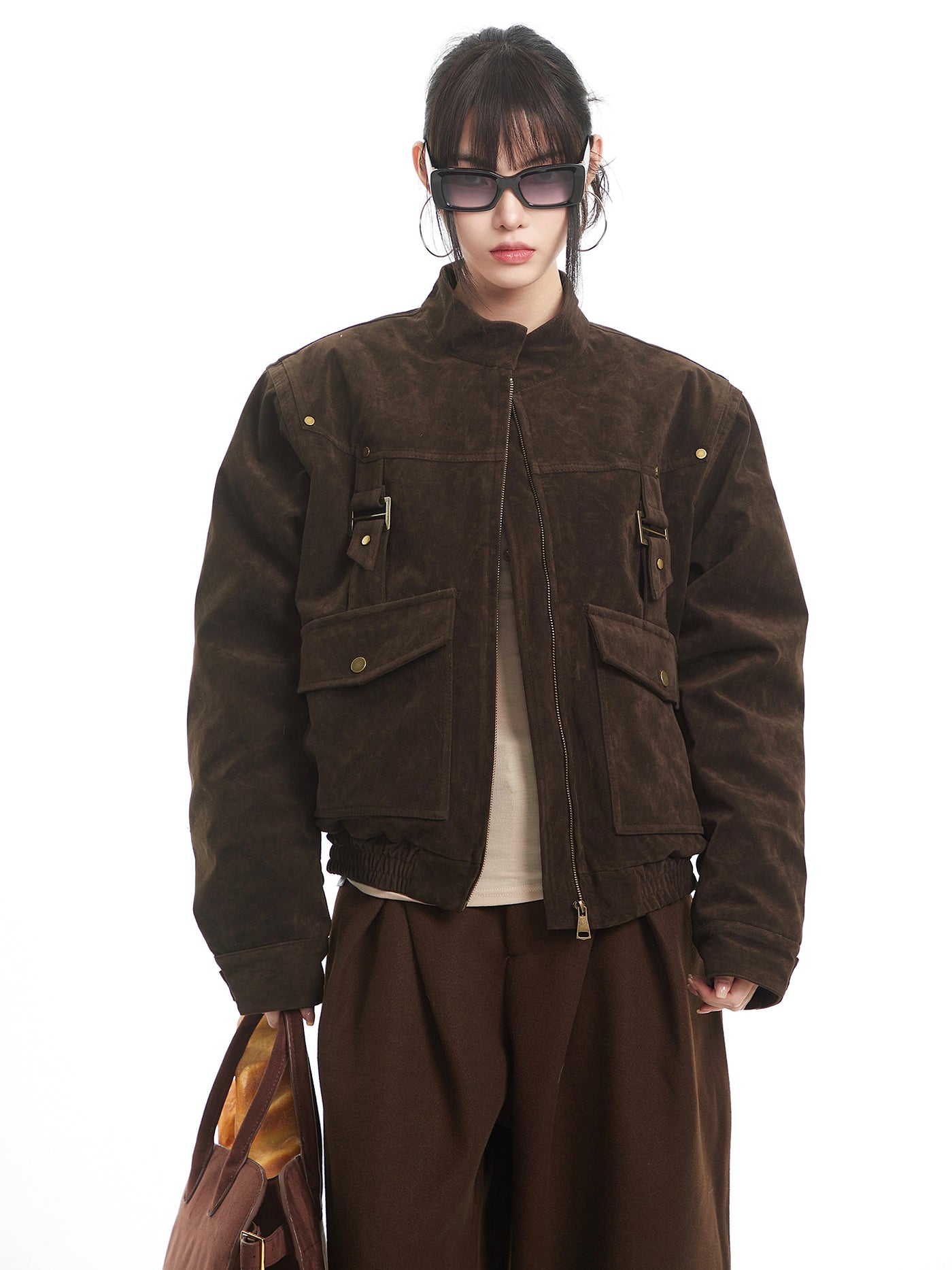 Brown Retro Suede Stand Collar Jacket UNC0330