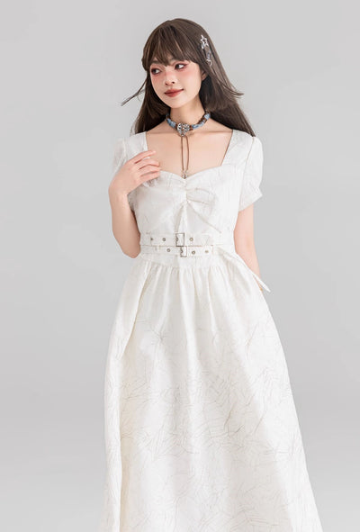 French Belt White Jacquard Square Collar Long Dress KEI0100