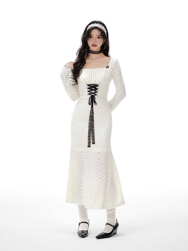 Lace Jacquard Strappy Square Neck Long Sleeve Knit Dress IMO0071