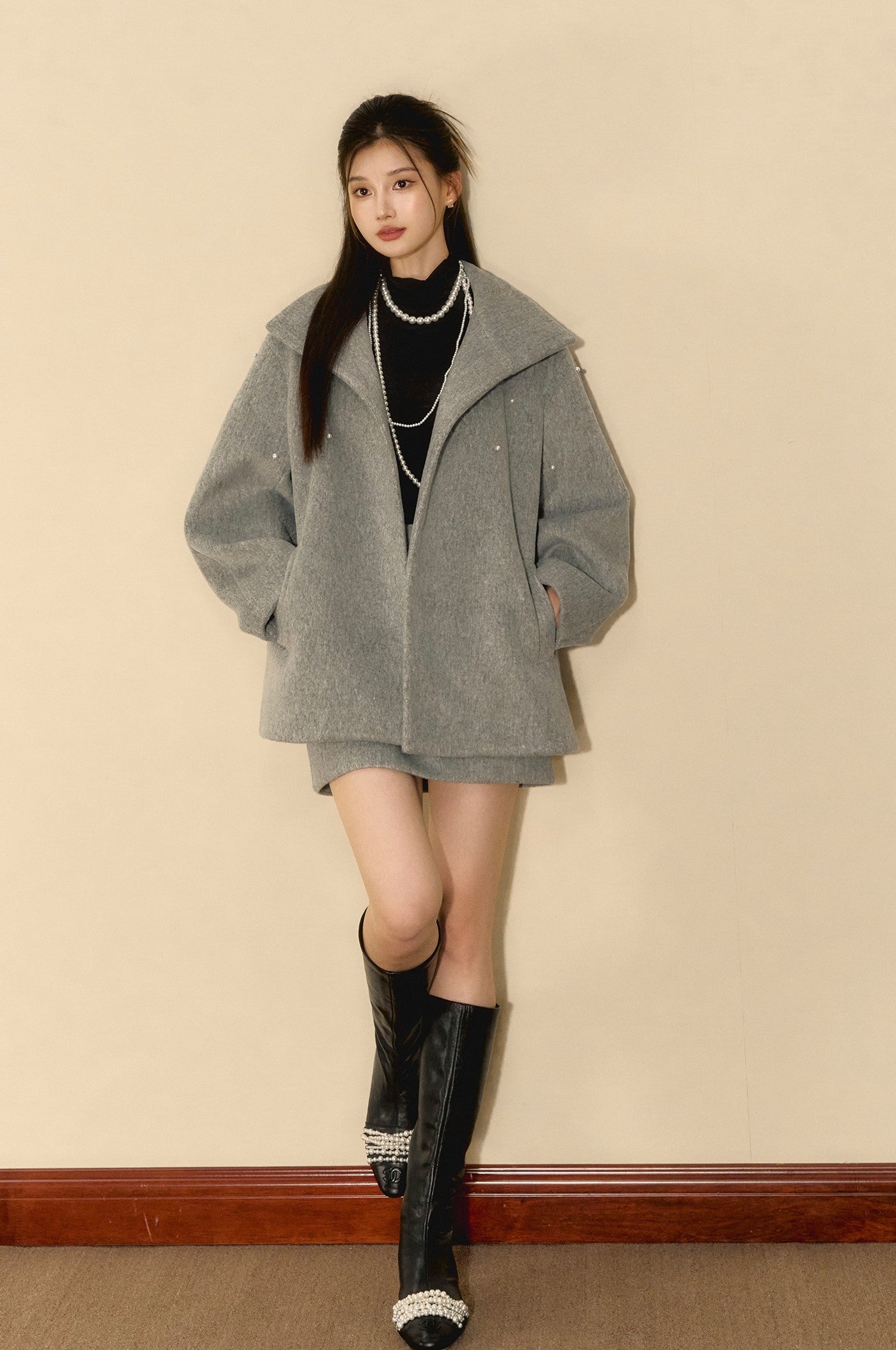 Grey High-end Beaded Loose Wool Jacket/Skirt OSH0088