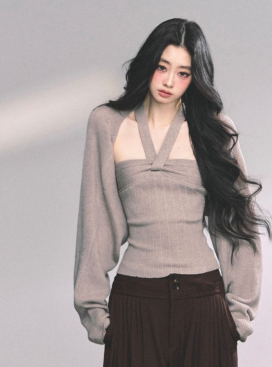 French Knitted Halter Neck Top+Shawl DIA0630