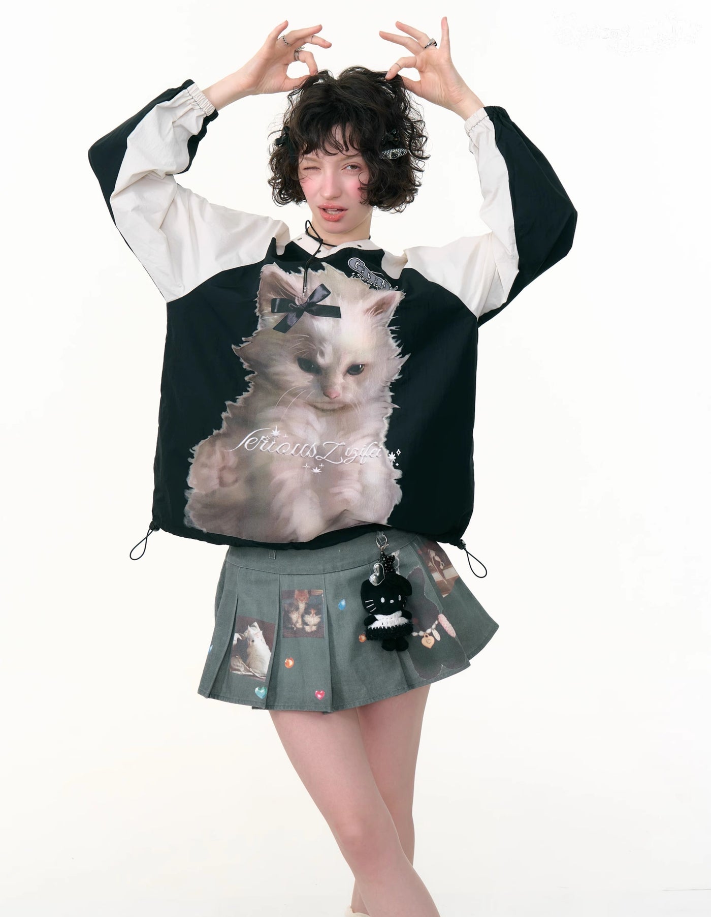 Cat Print Sports Style V-neck Sweatshirt ZIZ0298