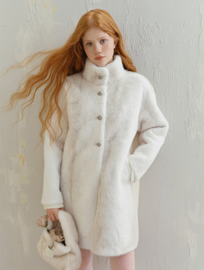 White Cross Half High Collar Eco-friendly Fur Long Coat SAL0089