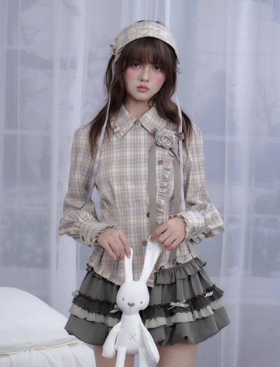 Plaid Rose Brooch Asymmetrical Shirt/Headband SAG0294