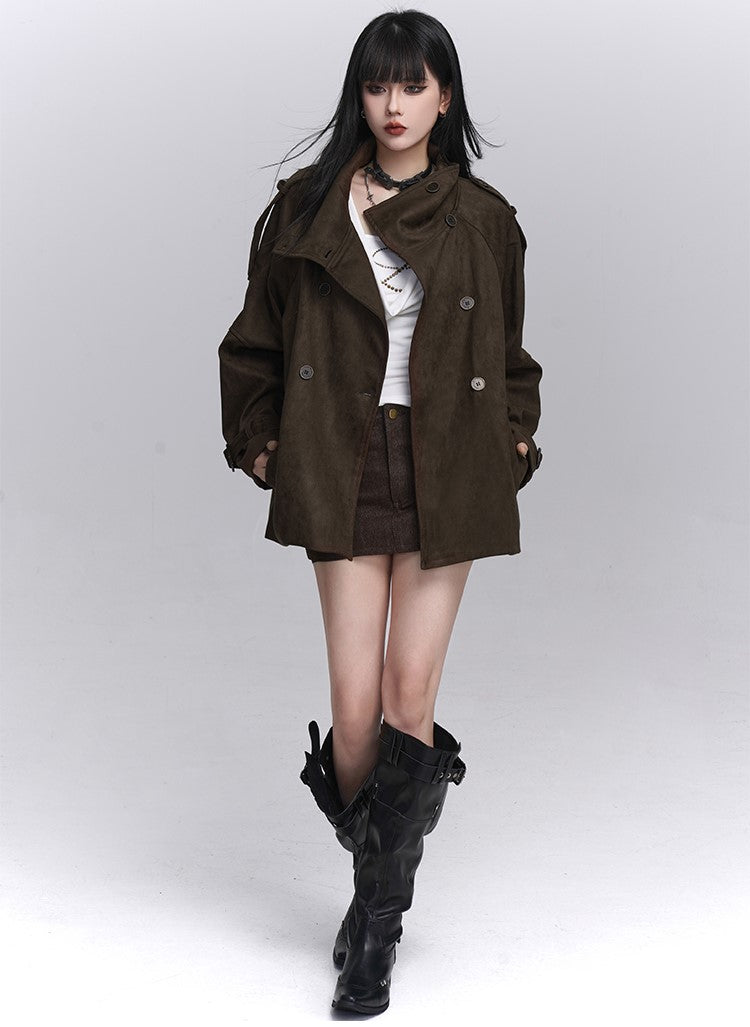 Brown Suede Stand Collar Jacket LAD0247