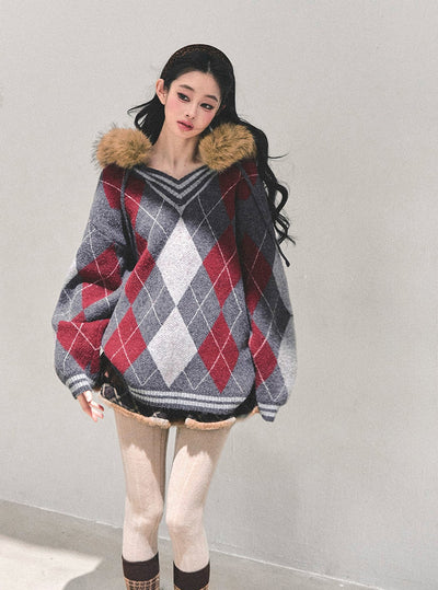 American Preppy Style Fur-Collar Argyle Sweater DIA0696