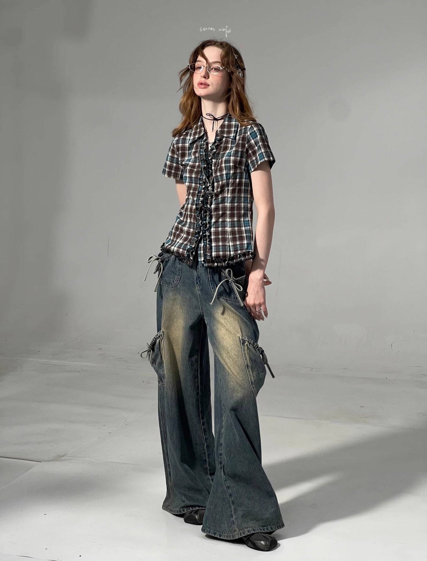 Lace Brown And Blue Plaid Short-sleeved Shirt ZIZ0276